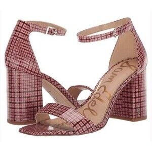 Sam Edelman Pink Plaid Yaro Daniella Block Heel Faux Leather Sandals 9.5